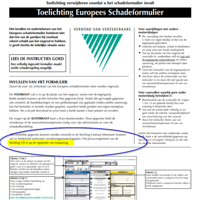 Uitlegpagina van het Europees Schadeformulier met instructies voor het invullen en informatie over verwerking van gegevens