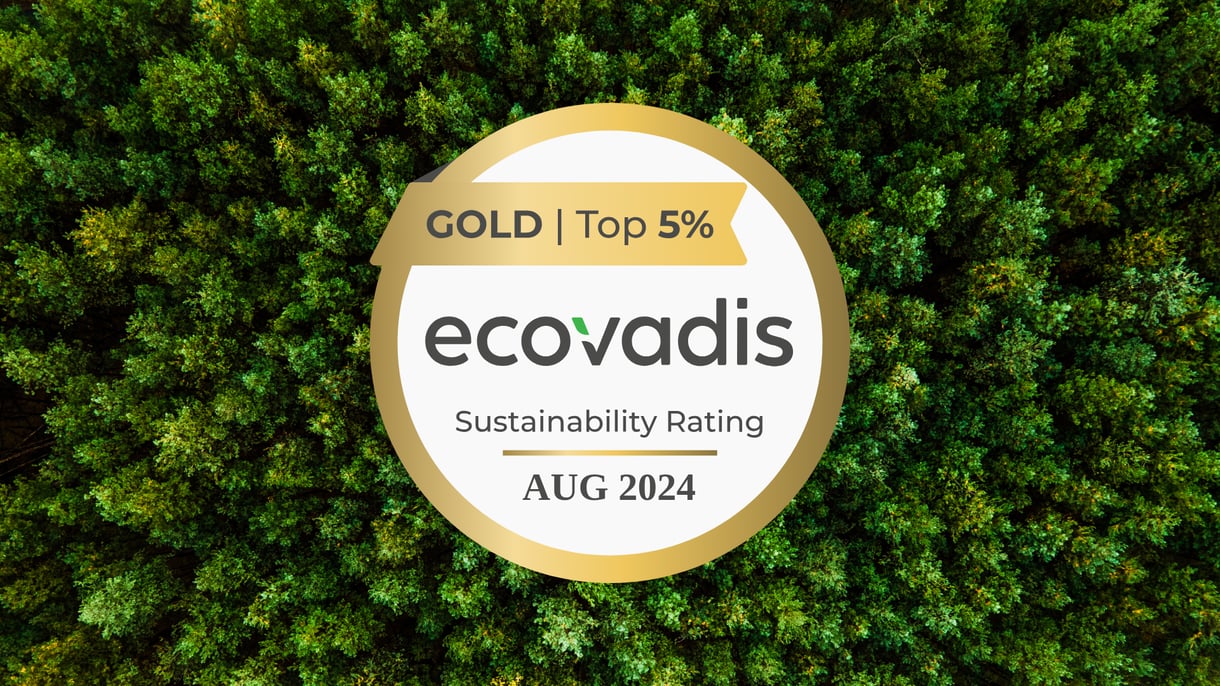 Gouden EcoVadis-duurzaamheidsbadges op een achtergrond van dicht groen bos, met vermelding Top 5% en augustus 2024.