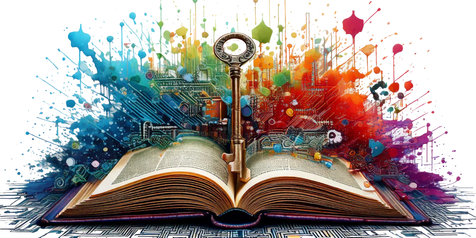 Boek met sleutel in het midden en kleurrijke verfspetters