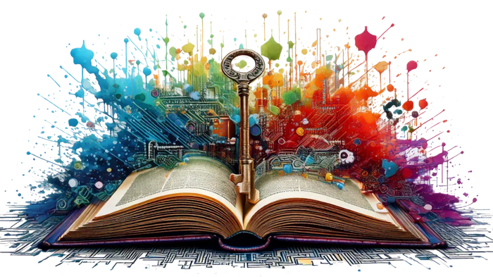 Illustratie van een boek met een sleutel in het midden en een kleurrijke achtergrond van verf