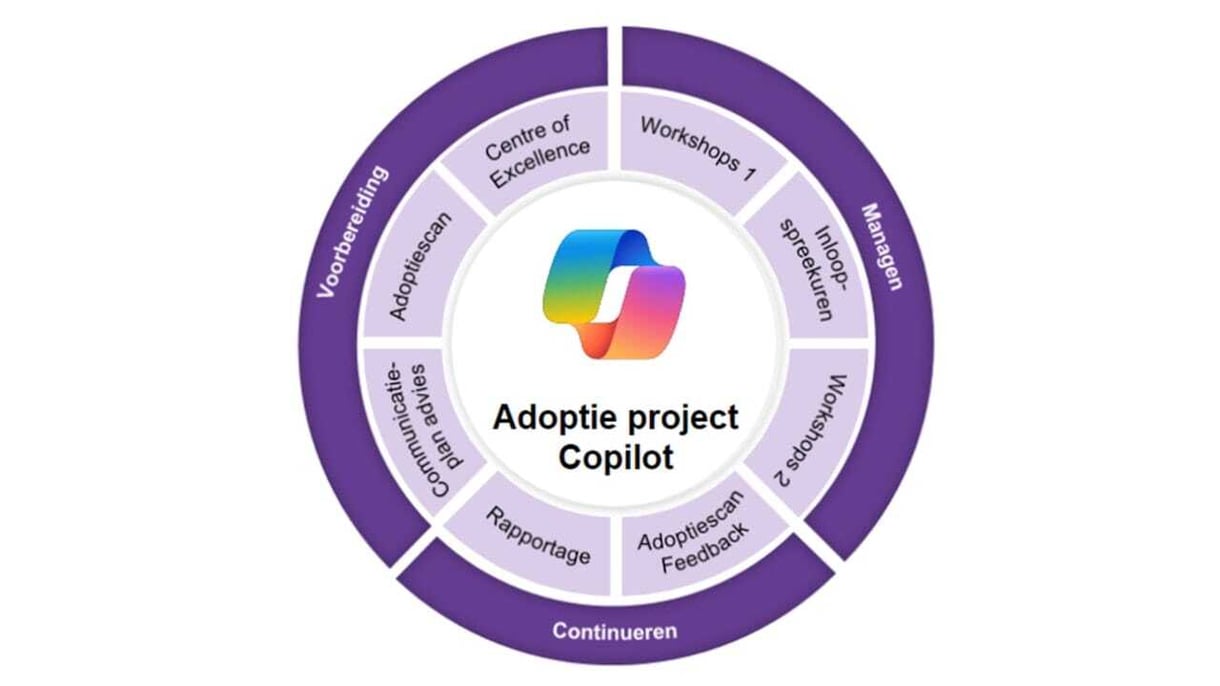 Cirkelfiguur met adoptieproject, verdeeld in voorbereiding, managen, continueren.
