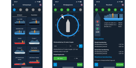 drie schermen van een maritieme app die windbelasting en scheepsgegevens toont