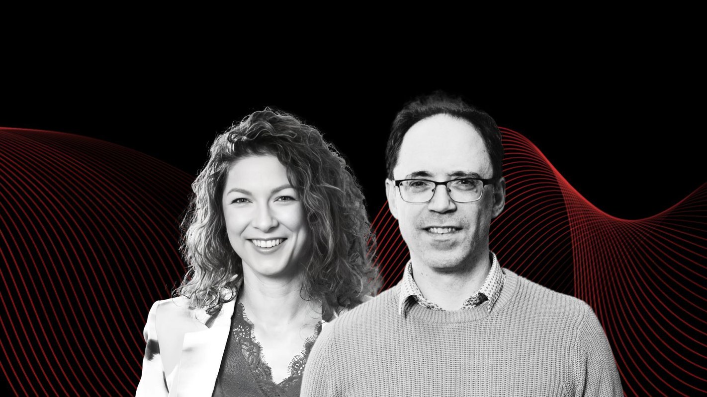 Illustratie van en vrouw met krullen en een man met bril