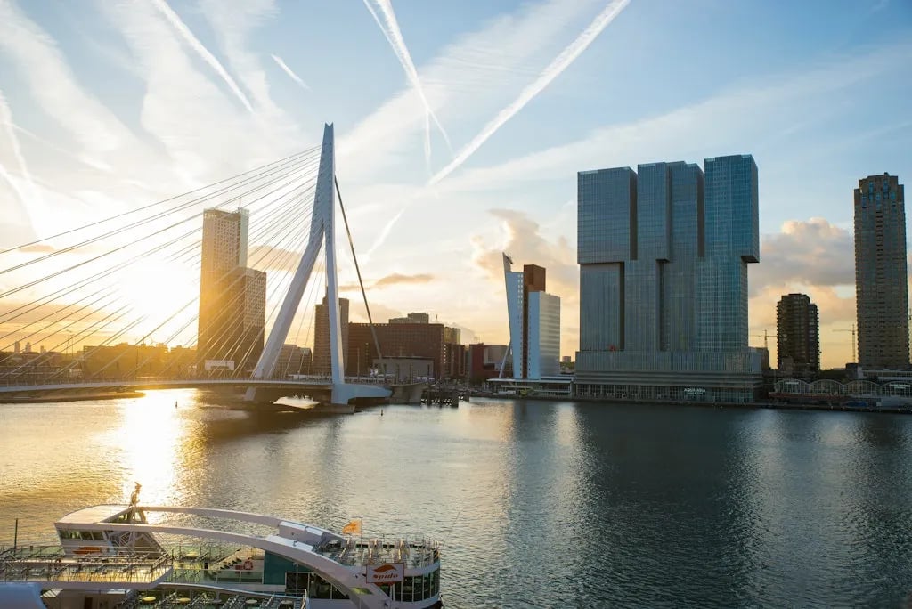 Uitzicht op de Erasmusbrug en gebouwen in Rotterdam