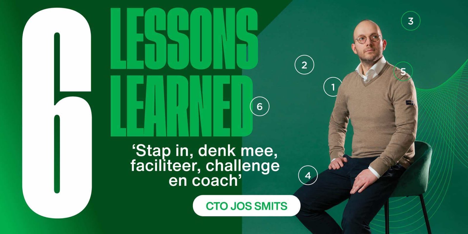 Mannelijke collega kijkt naar rechts met zes nummers om zich heen.