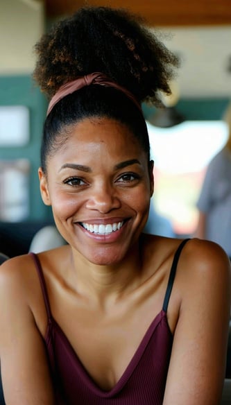 A joyful black woman, her radiant smile lighting up her face, gazes directly into the camera, drawing the viewer into her warm presence. Soft, diffuse