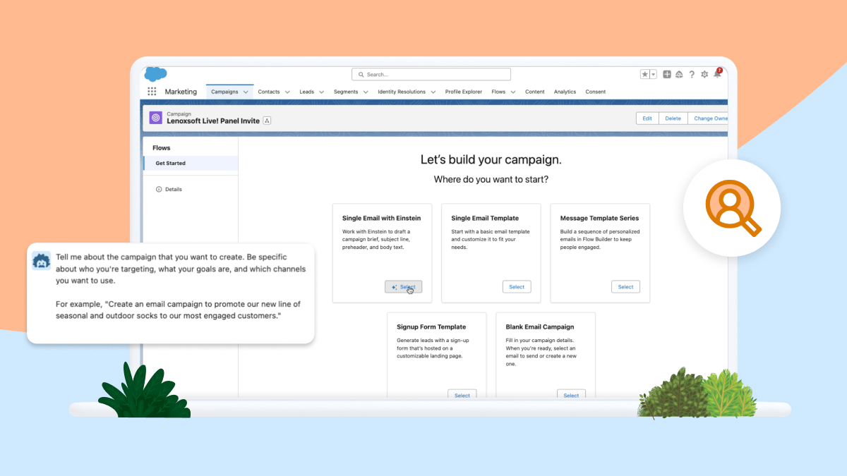 Screenshot van Salesforce campagnebouwer met Einstein-chatassistent voor e-mailcampagnes.