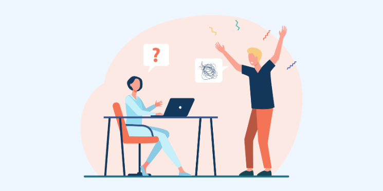 Illustratie van gefrustreerde collega's met vraagteken en warrige gedachten.