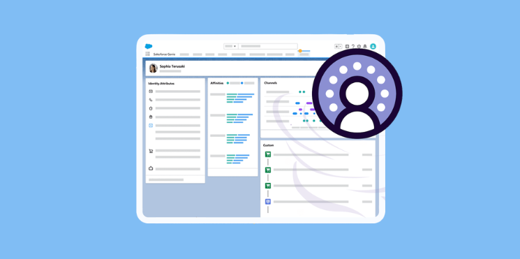 Screenshot van Salesforce Data Cloud klantprofiel met identiteits- en kanaalgegevens.