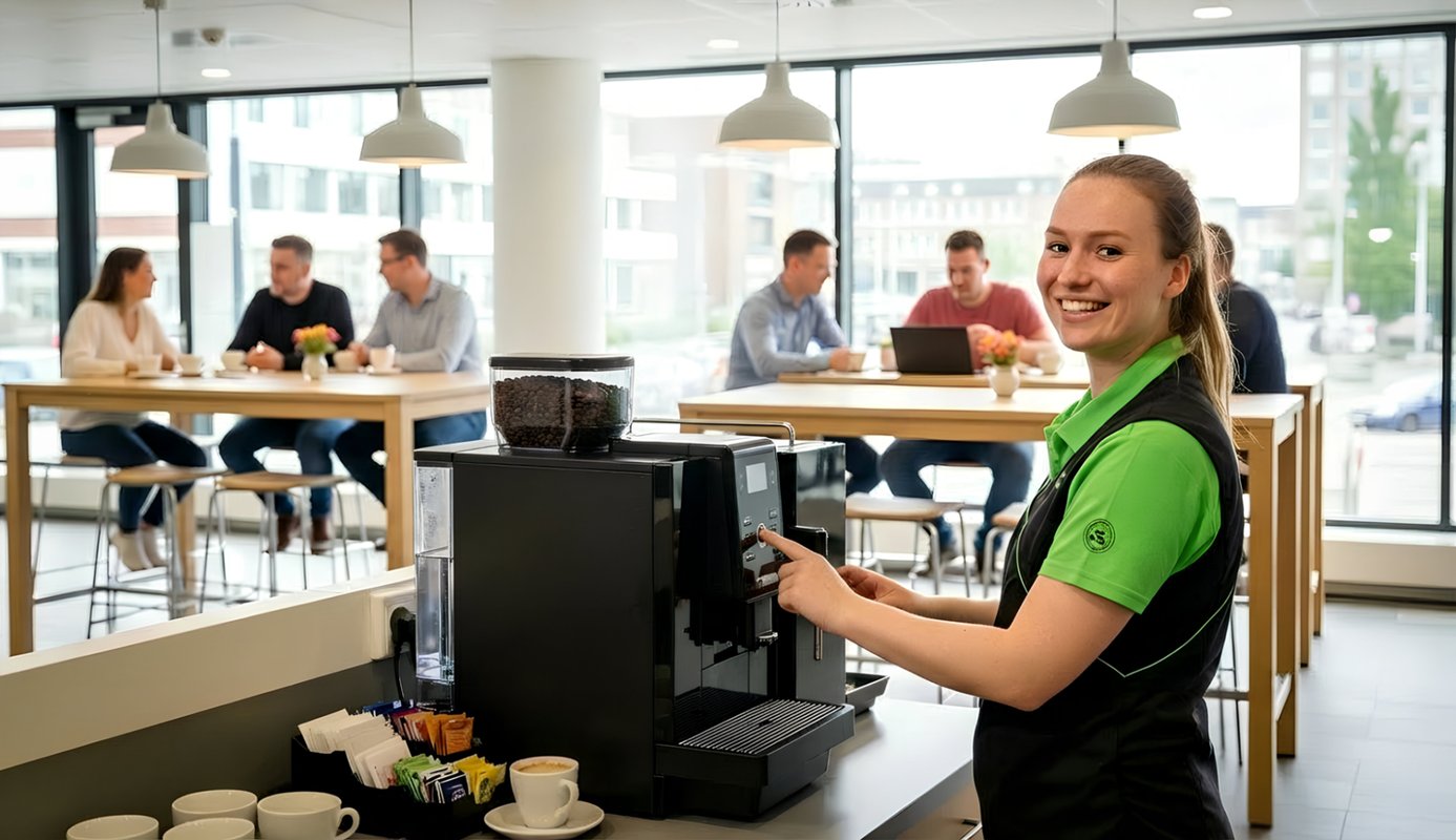 Vrouw maakt koffiezetapparaat schoon.