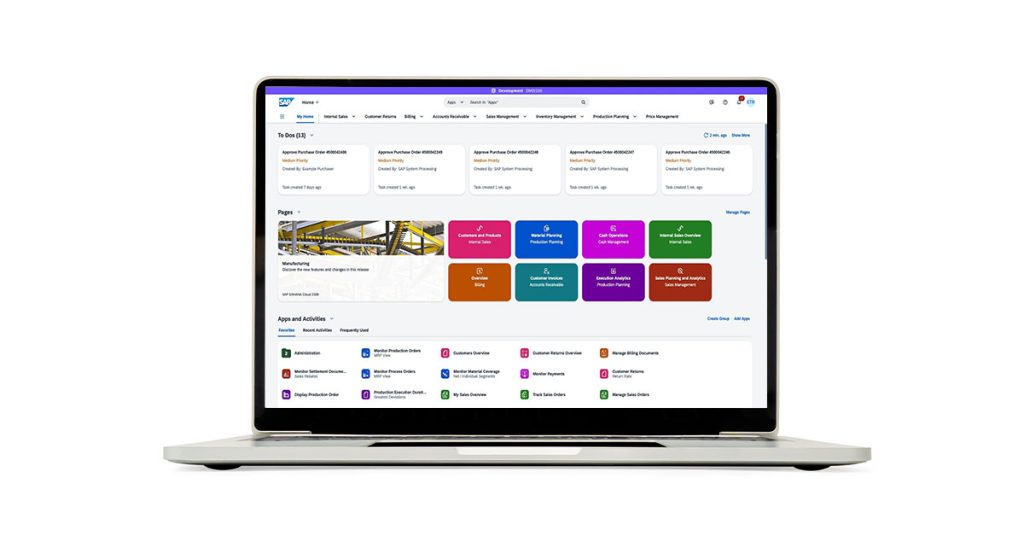 Laptop met het SAP Fiori-startscherm van SAP Cloud ERP met gekleurde tegels
