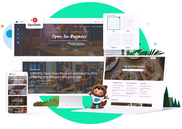 Screenshot van Salesforce Experience Cloud met een website, mobiele app en contentbeheer voor OpenTable.
