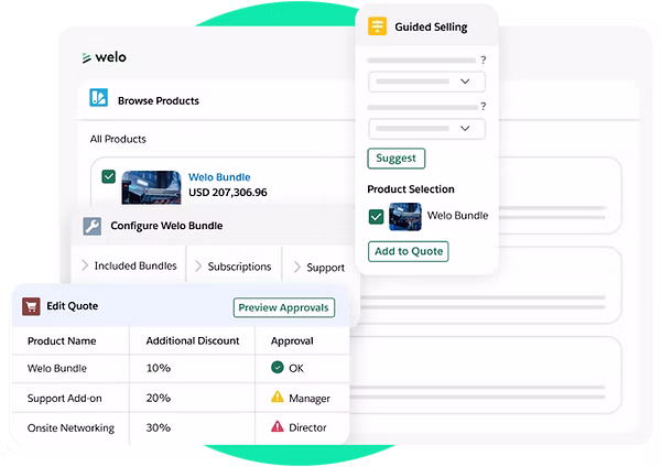 Screenshot van Salesforce CPQ met productconfiguratie, guided selling en offertegoedkeuring.